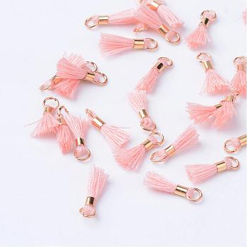 Polycotton(Polyester Cotton) Tassel Pendant Decorations, with Unwelded Iron Jump Rings, Golden, Light Salmon, 10~16x2mm, Hole: 1.5mm