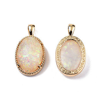 Resin Imitation Opal Pendants, with Light Gold Plated Brass Findings, Oval Charm, Blanched Almond, 20.5x11.5x5mm, Hole: 2mm