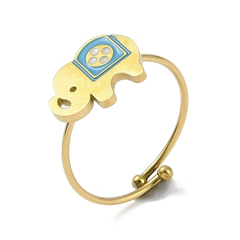 Elephant 304 Stainless Steel Enamel Ring, 316 Surgical Stainless Steel Open Cuff Ring for Women, Real 18K Gold Plated, Deep Sky Blue, Adjustable