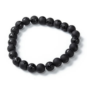 Frosted Glass Beads Stretch Bracelets, Round with Anchor Pattern, Black, Round: 8mm, Inner Diameter: 2 inch(5cm)