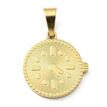Ion Plating(IP) 316L Surgical Stainless Steel Pendants, Textured, Flat Round with Clock Charm, Real 18K Gold Plated, 16x15x1.5mm, Hole: 6X3.5mm