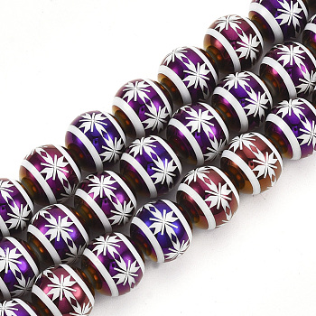 Electroplate Glass Beads, Round with Flower Pattern, Purple, 10x9.5mm, Hole: 1.2mm, about 30pcs/strand, 11.2 inch