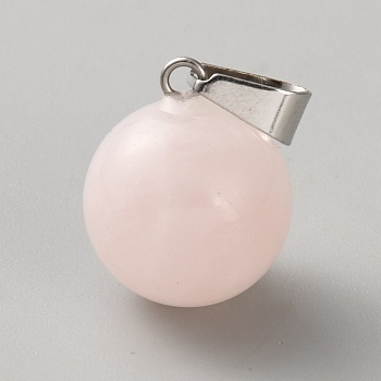 Natural Rose Quartz Round Sphere Pendants, Ball Charms with Platinum Tone Iron Snap on Bails, 18x14mm, Hole: 7x3mm