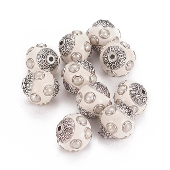 Handmade Indonesia Beads, with Metal Findings, Round, Antique Silver, Old Lace, 14~15x14.5~15mm, Hole: 1.6mm