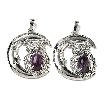 Natural Amethyst Pendants, Owl Charms with Rack Plating Brass Moon, Platinum, Cadmium Free & Lead Free, 38.5x31.5x8mm, Hole: 8x5mm