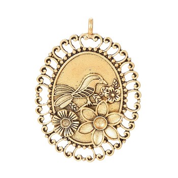 Alloy Enamel Settings, Pendant Rhinestone Settings, Oval with Bird and Flower, Antique Golden, 60x43.5x6mm, Hole: 3.5mm, Fit For 3mm and 5mm rhinestone
