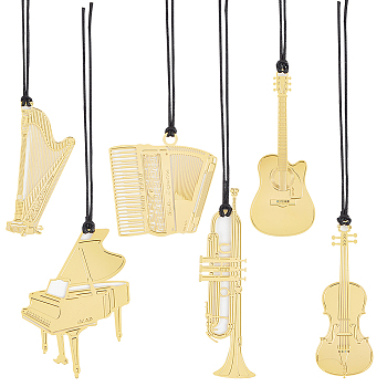 12Pcs 6 Styles Brass Bookmarks with Tassel, Musical Instrument Book Marker for Music Lovers, Golden, 141~167mm, Pendant: 44~75x18~46x0.2mm, 2pcs/style
