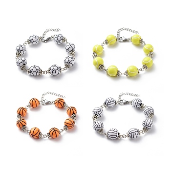 Sport Ball Theme Acrylic Round Beaded Bracelet, 304 Stainless Steel Jewelry for Men Women, Platinum, Mixed Color, 7-1/4 inch(18.5cm)