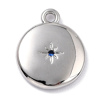 Brass Micro Pave Cubic Zirconia Charms, Long-Lasting Plated, Flat Round with Star, Royal Blue, 12x10x2mm, Hole: 1.2mm