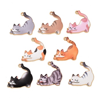 Rack Plating Alloy Enamel Pendants, Golden, Cat Charm, Mixed Color, 25x25x25mm, Hole: 2mm