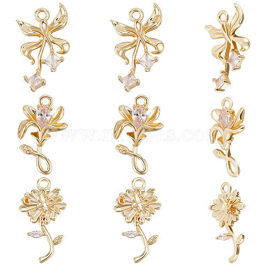 Real 18K Gold Plated Clear Flower Brass+Cubic Zirconia Pendants