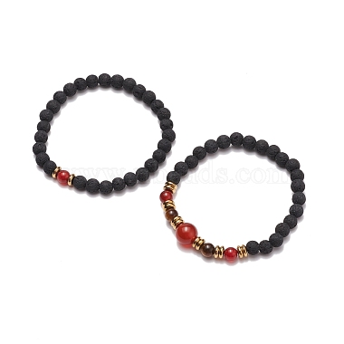 2Pcs 2 Style Synthetic Lava Rock & Natural Red Agate Carnelian(Dyed & Heated) & Tiger Eye Beaded Stretch Bracelets Set(BJEW-JB08698)-4