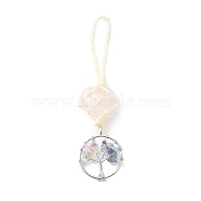 Heart Natural Rose Quartz Pendant Decoration, with Natural Fluorite Chips and Alloy Findings, Tree of Life, 130x30mm(DJEW-PW0002-22L)