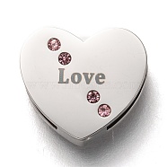 304 Stainless Steel Slide Charms, with Light Amethyst Rhinestone, for Valentine's Day, Heart with Word Love, Stainless Steel Color, 11.5x13x3.5mm, Hole: 8x1.5mm(STAS-P270-35P)