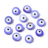 Natural Freshwater Shell Beads, with Enamel, Dyed, Flat Round with Evil Eye, Mauve, 8x3~4mm, Hole: 0.8mm(SHEL-S278-001B)