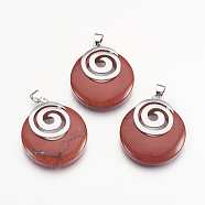 Natural Red Jasper Pendants, with Platinum Tone Brass Findings, Flat Round, 32x28x6mm, Hole: 4x5mm(KK-F751-D03)