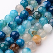 Natural Striped Agate/Banded Agate Beads Strands, Round, Dyed & Heated, Deep Sky Blue, 10mm, Hole: 1mm, about 38pcs/strand, 15 inch(X-G-D845-01E-10mm)
