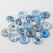 Blue and White Floral Printed Glass Cabochons, Half Round/Dome, Steel Blue, 10x4mm(GGLA-A002-10mm-XX)