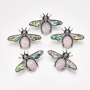 Natural Rose Quartz Brooches/Pendants, with Rhinestone and Alloy Findings, Abalone Shell/Paua Shelland Resin Bottom, Bee, Antique Silver, 36x56.5x14mm, Hole: 7x4mm, Pin: 0.7mm(G-S353-08M)