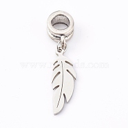 304 Stainless Steel European Dangle Charms, Large Hole Pendants, for Halloween, with Alloy Tube Bails, Feather, Antique Silver, 23mm, Hole: 4.5mm, feather: 20x6x1mm(X-PALLOY-JF00624-01)