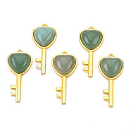 Natural Green Aventurine Pendants, with Light Gold Plated Brass Findings, Key with Heart Charm, 38x17x6.5~7mm, Hole: 1.8mm(G-N326-158-15)