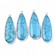 Synthetic Turquoise Big Pendants, with Platinum Tone Brass Edge and Platinum Brass Settings, Teardrop, 56x18~19x7mm, Hole: 2.5mm(G-S359-199)