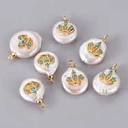 Natural Cultured Freshwater Pearl Pendants, with Brass Cubic Zirconia Cabochons, Long-Lasting Plated, Nuggets with Crown, Real 18K Gold Plated, Deep Sky Blue, 14.5~18x11~13x6~7mm, Hole: 1.5~1.6mm(PEAR-F008-44G)