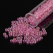 8/0 Grade A Round Glass Seed Beads, Transparent Inside Colours, AB Color Plated, Hot Pink, 3x2mm, Hole: 1mm, about 10000pcs/pound(SEED-N002-E-304)