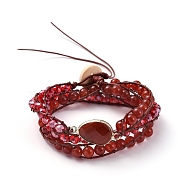Faceted Glass & Natural Carnelian(Dyed & Heated) Beaded Wrap Bracelets, with Cowhide Leather Cord and Burlap, Teardrop, 570x7mm(BJEW-JB05035-02)