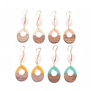 Dangle Earrings, with Resin & Wood Pendants, Cowrie Shell, Golden Plated Brass Earring Hooks, Copper Wire and Cardboard Packing Box, Teardrop, Mixed Color, 90mm, Pin: 0.7x1mm(EJEW-JE03875)