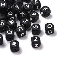 Silicone Beads, Cube with Random Mixed Letters, Black, 12x12x12mm, Hole: 2mm(SIL-WH0002-25A)