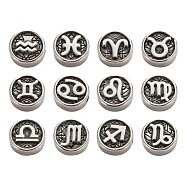 24Pcs 12 Style 304 Stainless Steel Enamel Beads, Flat Round with Constellation, Antique Silver, Black, 12 Constellations, 10x4mm, Hole: 1.8mm, 2pcs/style(STAS-LS0001-43)