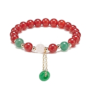 Natural Carnelian(Dyed & Heated) & Green Aventurine & Rose Quartz Round Beaded Stretch Bracelet, Natural Malaysia Jade(Dyed) Pi Disc Tassel Charm Bracelet for Women, Red, Inner Diameter: 2 inch(5.2cm)(BJEW-JB09015)