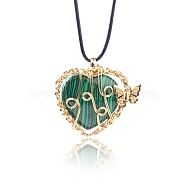 Synthetic Malachite Metal Wire Wrapped Heart Pendants, Golden Plated Butterfly Charms, 42x37mm(PW-WG13885-09)