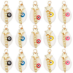 20Pcs Copper Wired Natural Cowrie Shell Pendants, with Electroplate Non-magnetic Synthetic Hematite Beads, Shell Shape Evil Eye Charms, Golden, Mixed Color, 26.5x13.5x12mm, Hole: 2.5mm(FIND-SC0014-75)