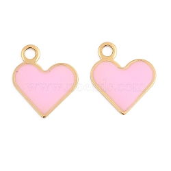 304 Stainless Steel Enamel Charms, Heart Charm, Real 14K Gold Plated, Pink, 12x11.5x1mm, Hole: 1.8mm(STAS-L022-483G-02)