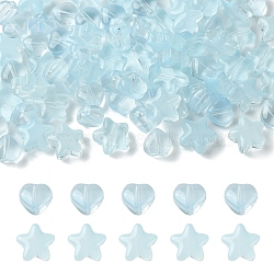 80Pcs 2 Styles Transparent Spray Painted Glass Beads, with Glitter Powder, Star/Heart, Light Sky Blue, 6~8x6~8x4mm, Hole: 0.8~1mm, 40pcs/style(GLAA-YW0003-72A)