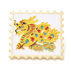 Wavy Rectangle with Dragon Enamel Pins, Light Gold Plated Alloy Brooch, Chinese Style Zodiac Sign Badge, Yellow, 30x30x1.5mm(JEWB-I026-02B)