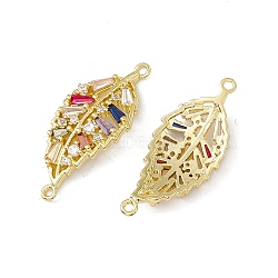 Brass Pave Colorful Cubic Zirconia Connector Charms, Leaf Links, Real 18K Gold Plated, 12.5x30x3mm, Hole: 1.2mm(KK-E068-VC017)