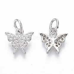 Brass Micro Pave Cubic Zirconia Charms, with Jump Ring, Nickel Free, Butterfly, Clear, Real Platinum Plated, 9.5x10x2mm, Hole: 3mm(ZIRC-R109-022P-NF)