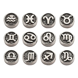 24Pcs 12 Style 304 Stainless Steel Enamel Beads, Flat Round with Constellation, Antique Silver, Black, 12 Constellations, 10x4mm, Hole: 1.8mm, 2pcs/style(STAS-LS0001-43)