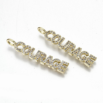 Brass Micro Pave Clear Cubic Zirconia Pendants, Nickel Free, Word Courage, Real 16K Gold Plated, 36x6.5x2mm, Hole: 2.5x3.5mm