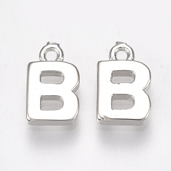 Brass Charms, Letter, Nickel Free, Real Platinum Plated, Letter.B, 8.5x5x1.5mm, Hole: 0.8mm