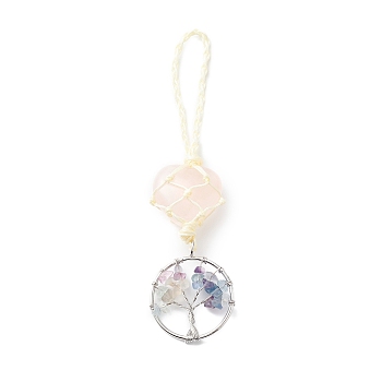 Heart Natural Rose Quartz Pendant Decoration, with Natural Fluorite Chips and Alloy Findings, Tree of Life, 130x30mm