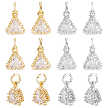 SUPERFINDINGS 12Pcs 2 Colors Brass Clear Cubic Zirconia Pendants, Long-Lasting Plated, Triangle, Mixed Color, 10x9x5.5mm, Hole: 3.4mm, 6pcs/color