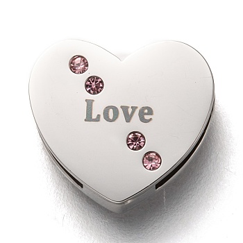 304 Stainless Steel Slide Charms, with Light Amethyst Rhinestone, for Valentine's Day, Heart with Word Love, Stainless Steel Color, 11.5x13x3.5mm, Hole: 8x1.5mm