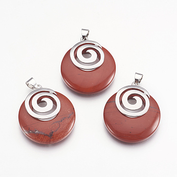 Natural Red Jasper Pendants, with Platinum Tone Brass Findings, Flat Round, 32x28x6mm, Hole: 4x5mm