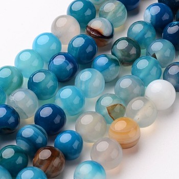 Natural Striped Agate/Banded Agate Beads Strands, Round, Dyed & Heated, Deep Sky Blue, 10mm, Hole: 1mm, about 38pcs/strand, 15 inch