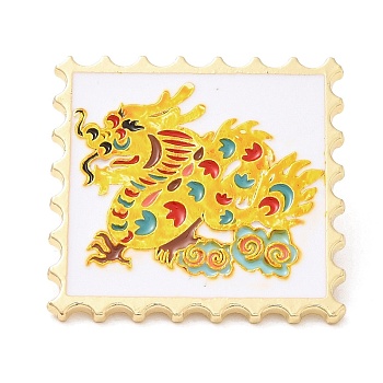 Wavy Rectangle with Dragon Enamel Pins, Light Gold Plated Alloy Brooch, Chinese Style Zodiac Sign Badge, Yellow, 30x30x1.5mm