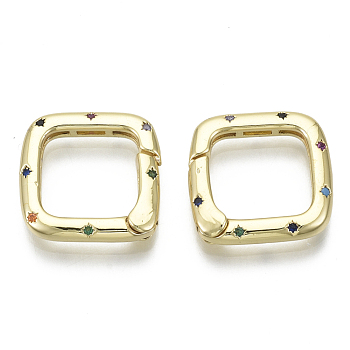 Brass Micro Pave Cubic Zirconia Spring Gate Rings, Square, Nickel Free, Colorful, Real 16K Gold Plated, 18x18x3mm, Inner Diameter: 13x13mm